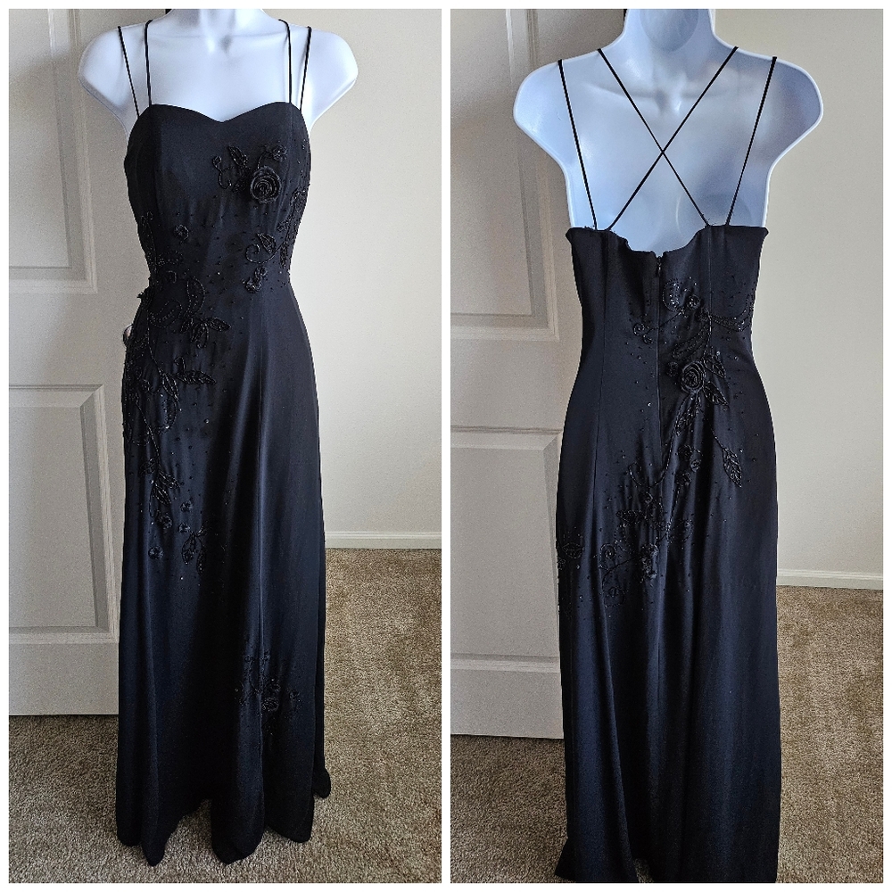 Floor Length Spaghetti Strap Black Gown With Floral Beading Designs
